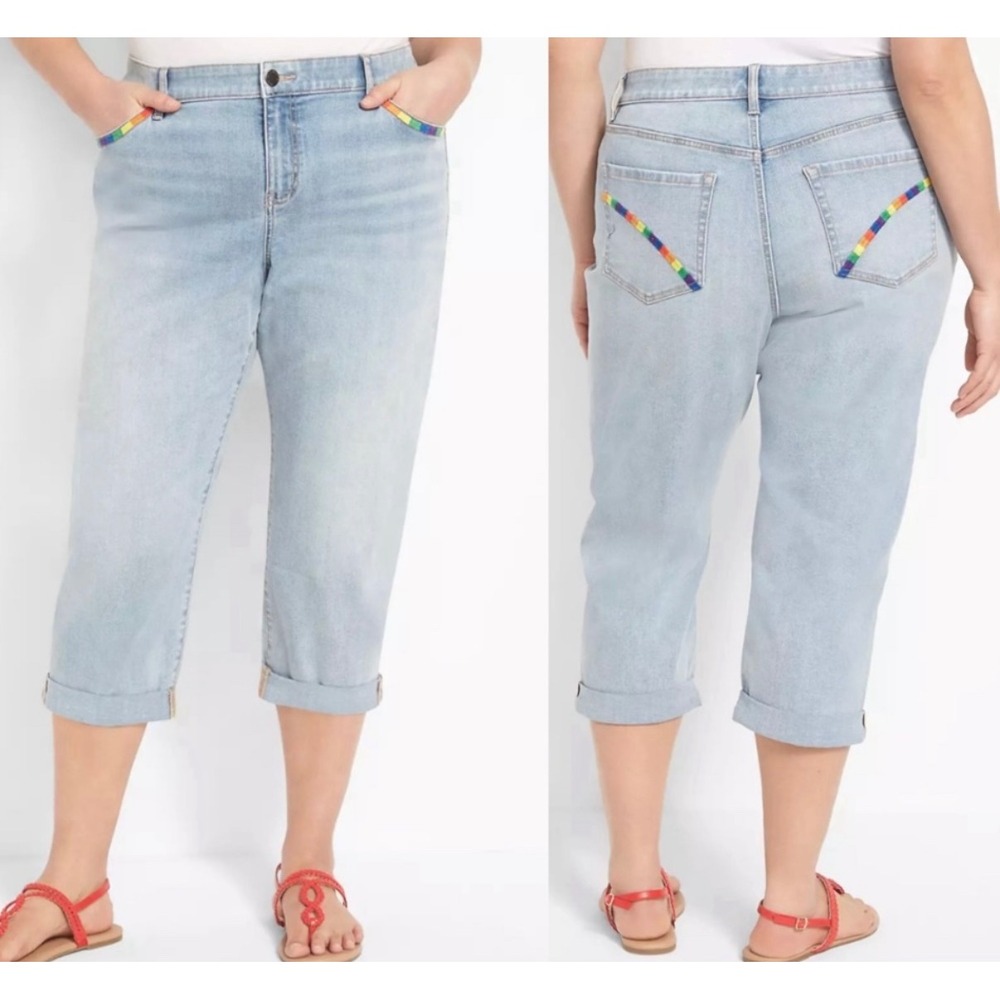 Lane Bryant Boyfriend Capri‎ Jeans Rainbow Pockets Mid-Rise Flex Size 3XL